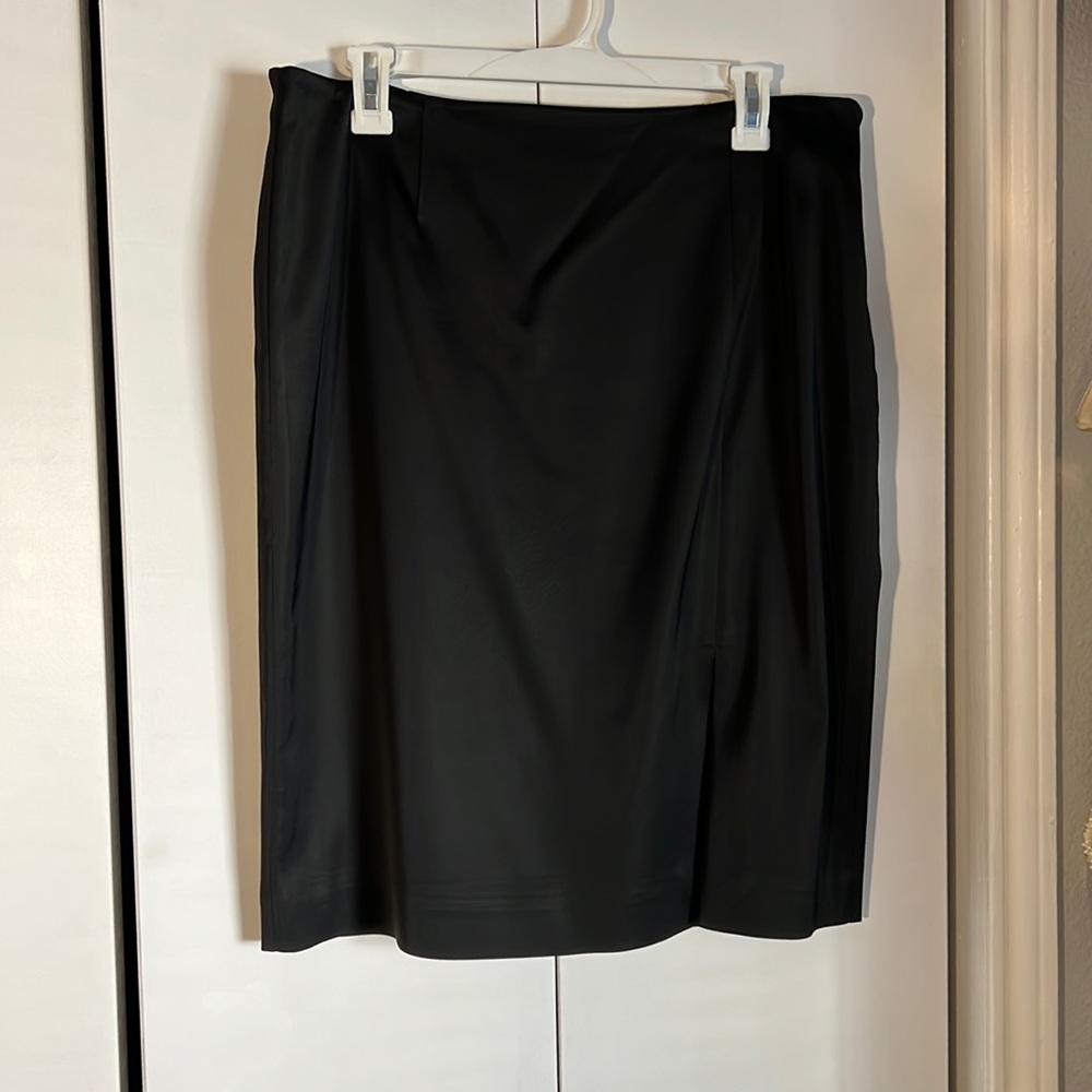 Black silky pencil skirt with thigh slit, size 12